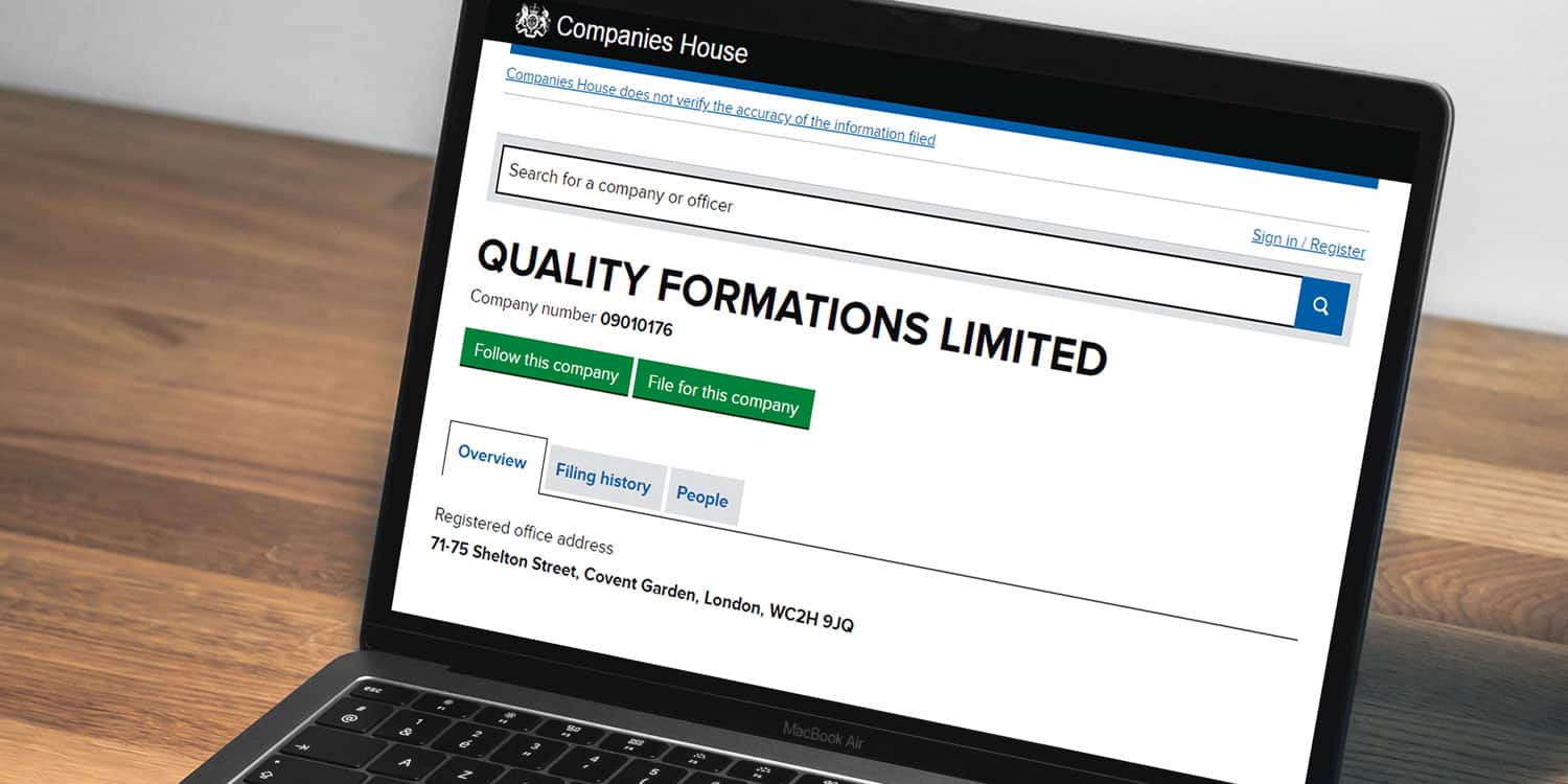 Image of a laptop displaying Quality Company Formations' listing on the Companies House Service website, which is one of the locations where you can find your Company Registration Number.