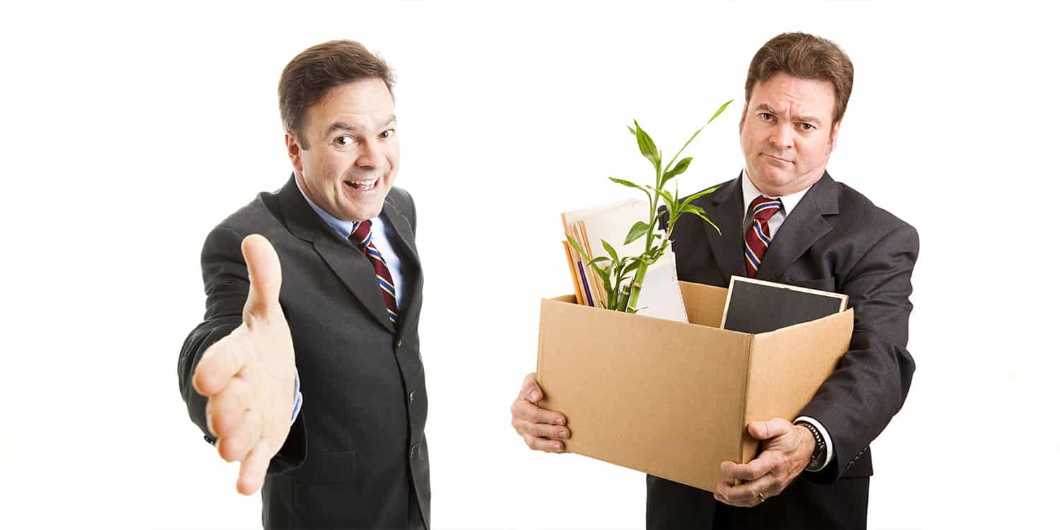 An image of one businessman displaying an introductory greeting and another one with box of personal effects - denoting the concept of appointing and removing limited company directors.