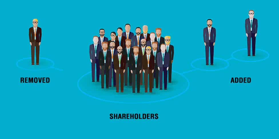 Illustration of a group of shareholders with single shareholders remote from the group labelled 'removed' and 'added'.