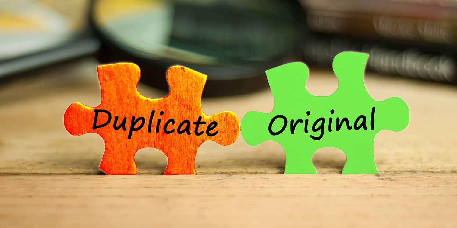 Two jigsaw pieces displaying the words 'duplicate' and 'original', illustrating the restrictions on using the same name as another company.