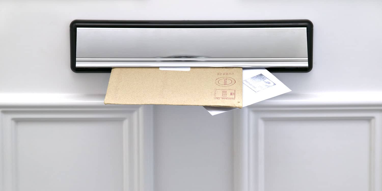 An aluminium letterbox plate on a white panelled door, with two letters held within the flap.