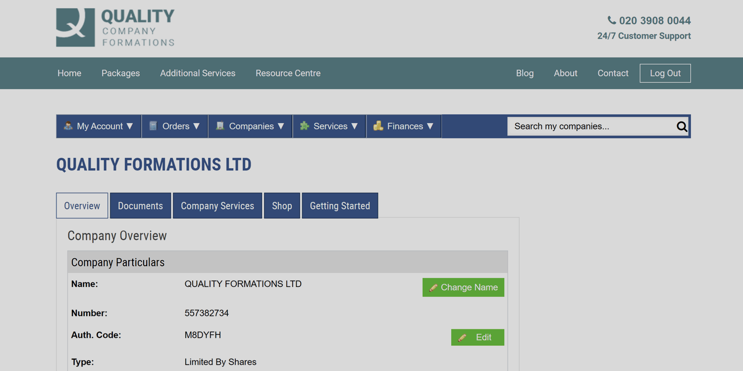 Image of Quality Formations Online Client Portal, displaying an example of where to find your company authentication code.