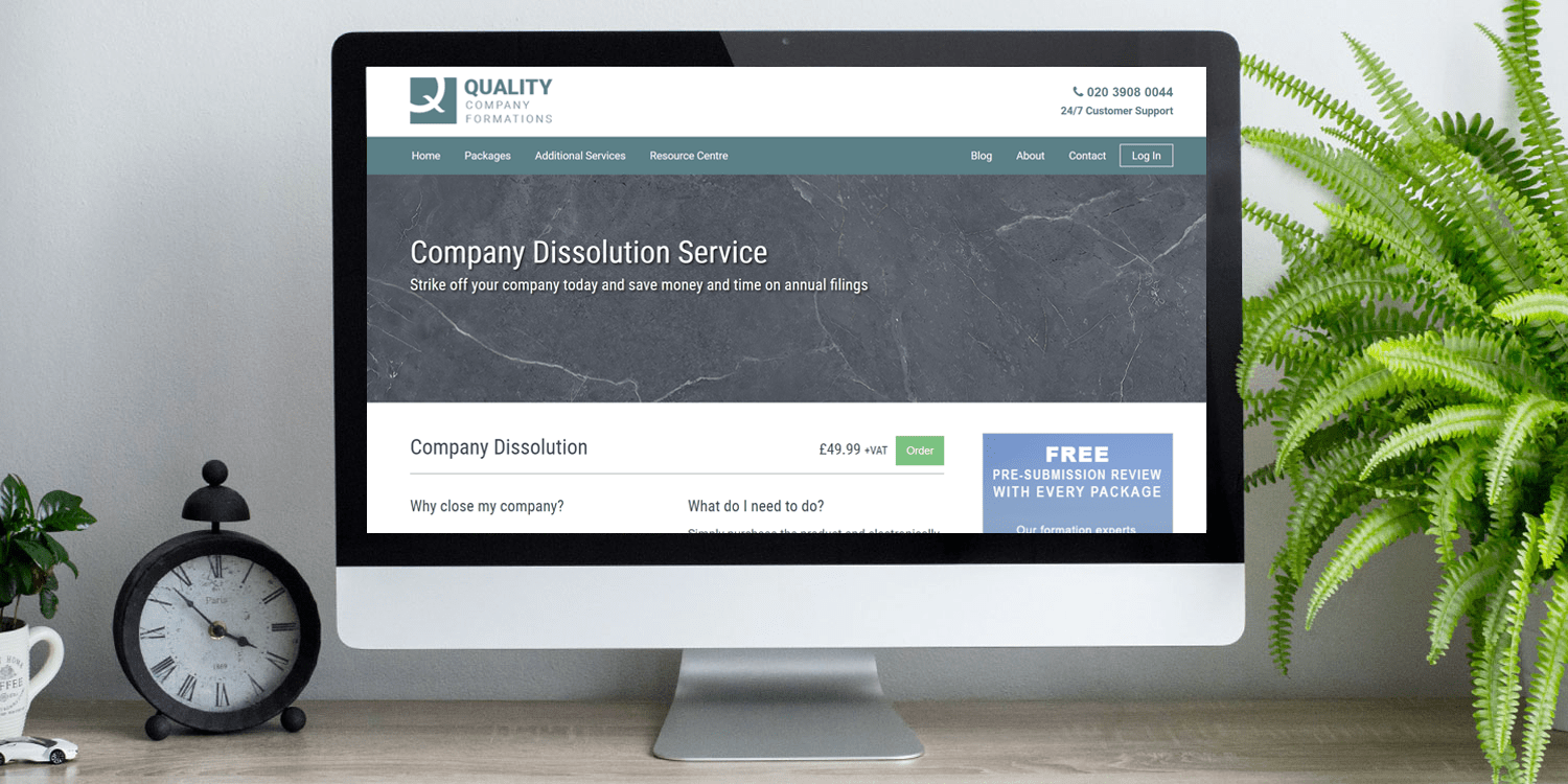 Image of a desktop monitor with Quality Formations' Company Dissolution webpage displayed.