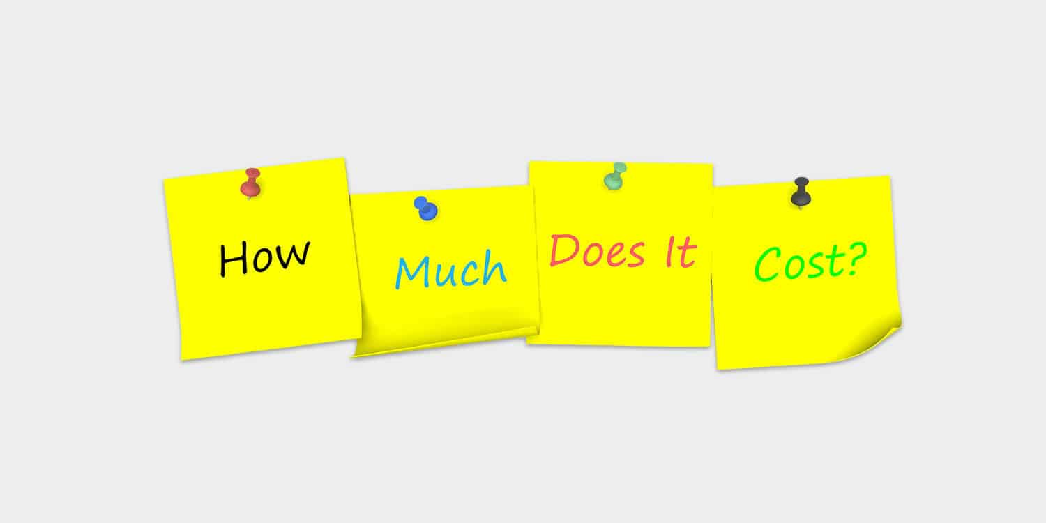 Four yellow post-it notes against a white background, with the sentence "How much does it cost" written across the notes, representing the query of how much it costs to set up a company in the UK.