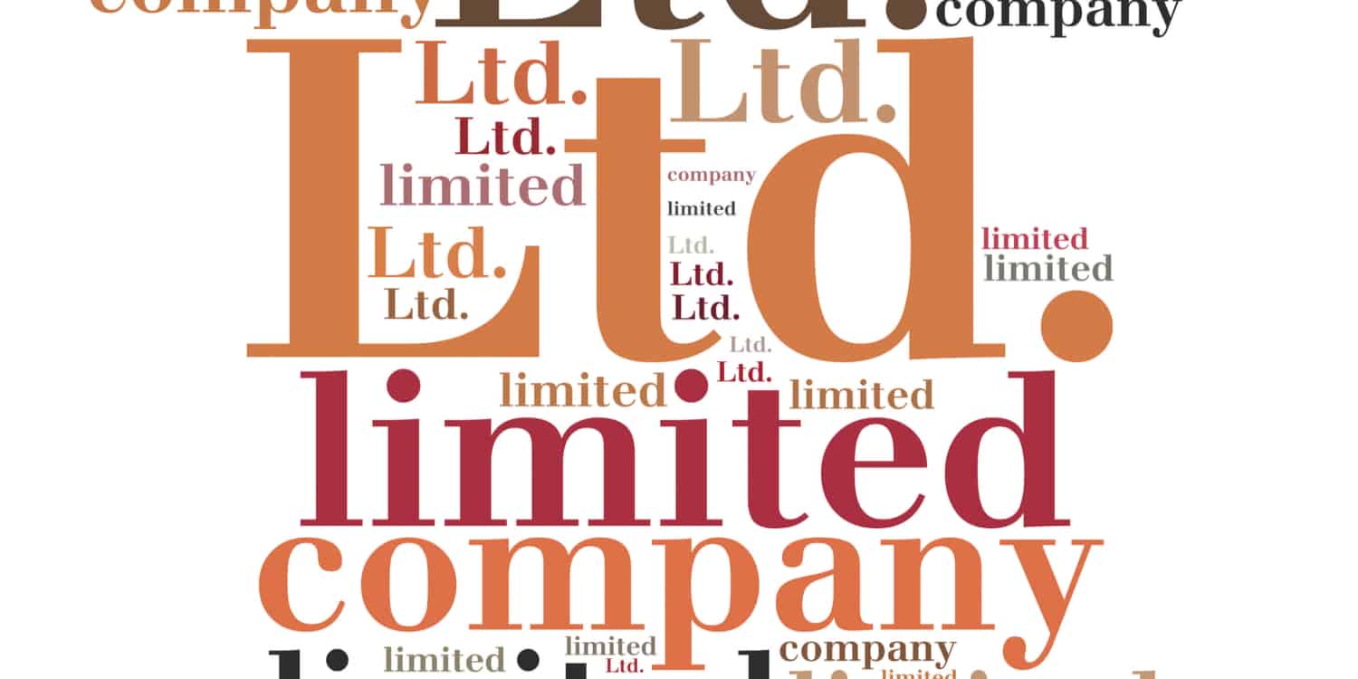 A collage displaying the words Ltd, limited, and company in different font colours and sizes.