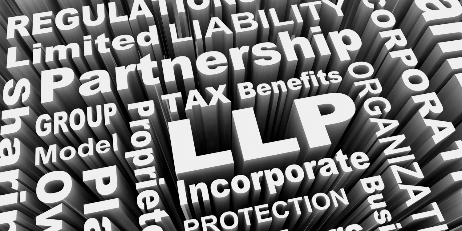 Illustration in white lettering with grey and black backgrounds displaying LLP and Limited Liability Partnership and other corporate related words.