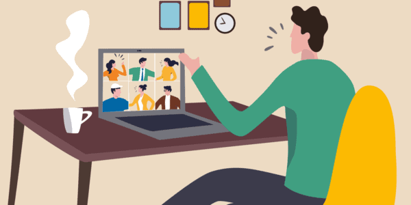 Illustration of business person conducting a virtual business meeting at home using Zoom or Teams.