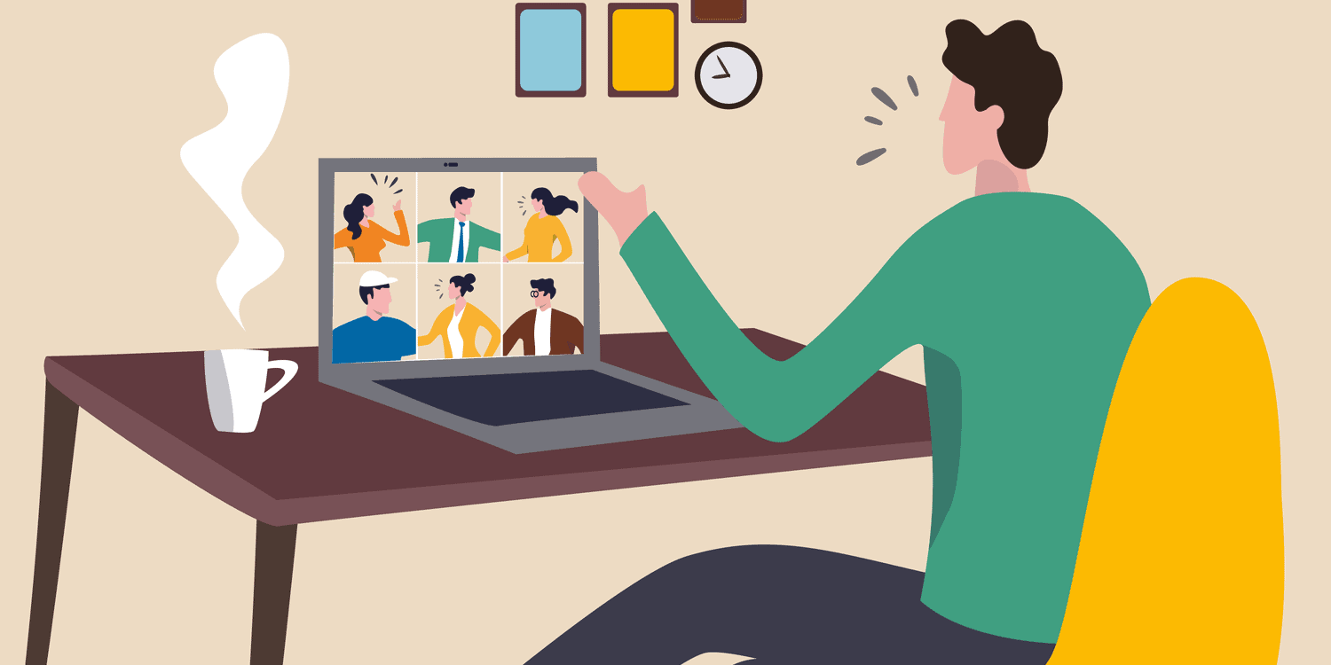 Illustration of business person conducting a virtual business meeting at home using Zoom or Teams.