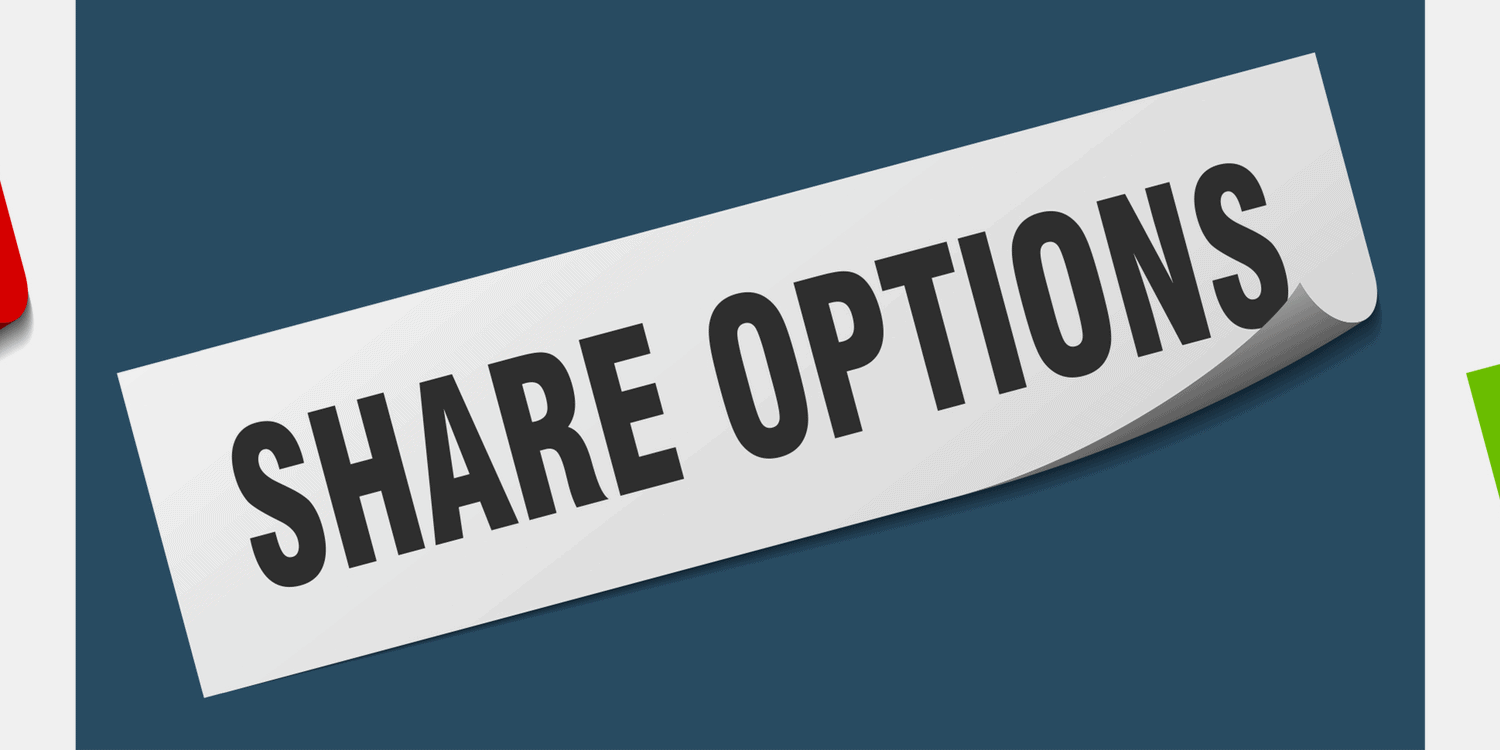 White poster with black lettering displaying the words "SHARE OPTIONS" with a blue background.