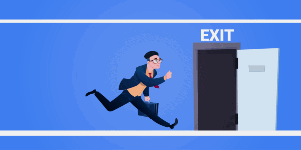 Cartoon type illustration of a busienssman running for the exit door.