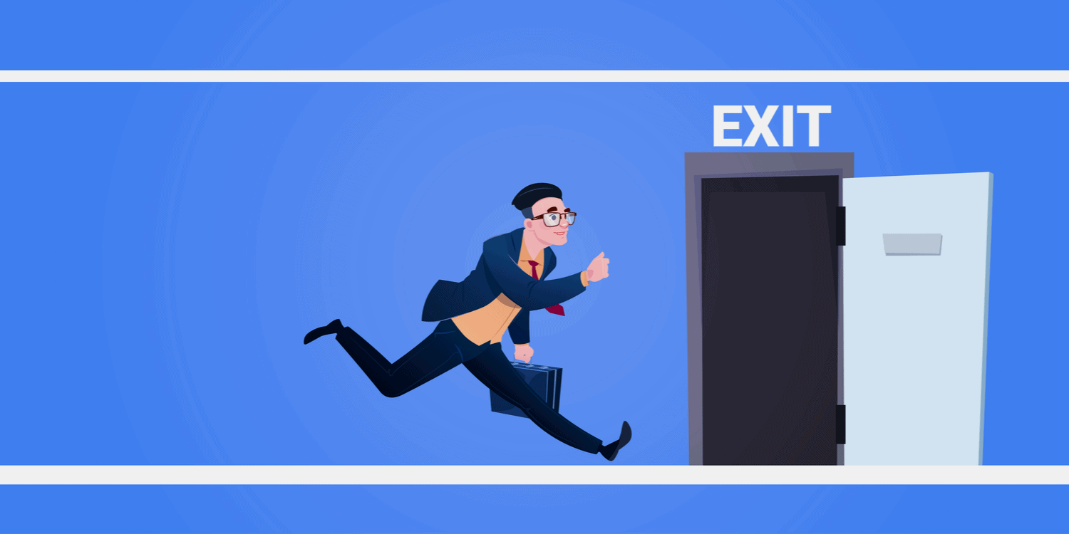 Cartoon type illustration of a busienssman running for the exit door.