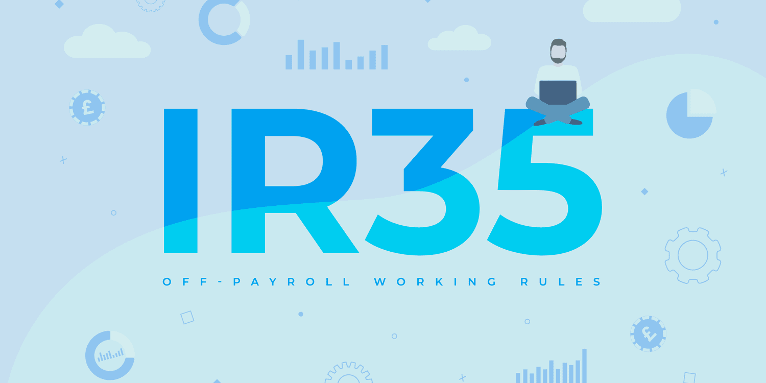 Illustration displaying "IR35" in large blue letters with clouds in background.