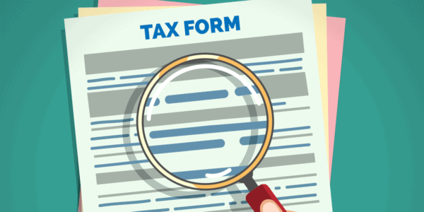 Illustration of a Tax Form with a hand holding a magnifying glass over it.