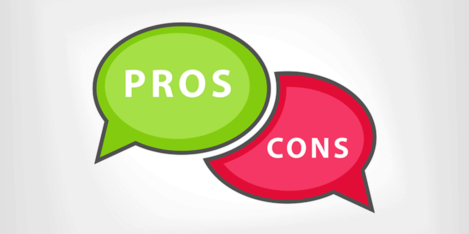 Illustration displaying 2 speech bubbles - one shaded green with the word 'PROS' anf the other shaded red with 'CONS.'