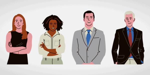 Illustration of 4 company officers in casual and business dress against a white background