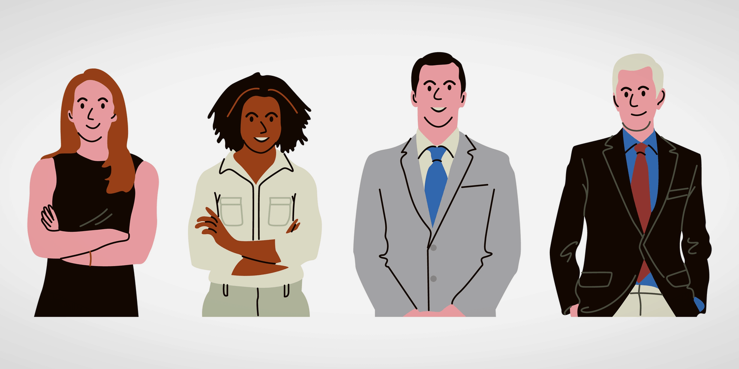 Illustration of 4 company officers in casual and business dress against a white background