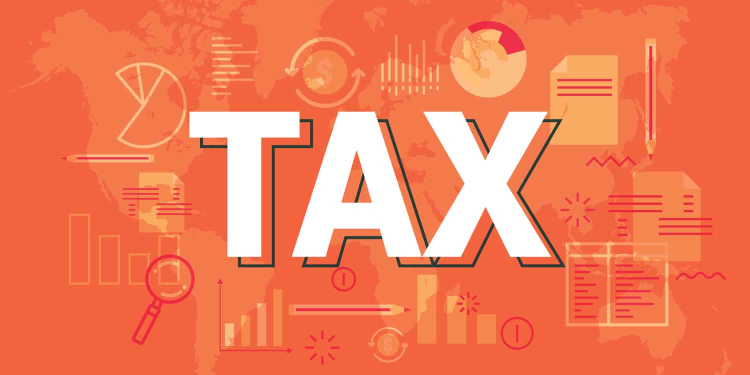 Illustration displaying the word 'TAX' in large capital letters against an orange background.