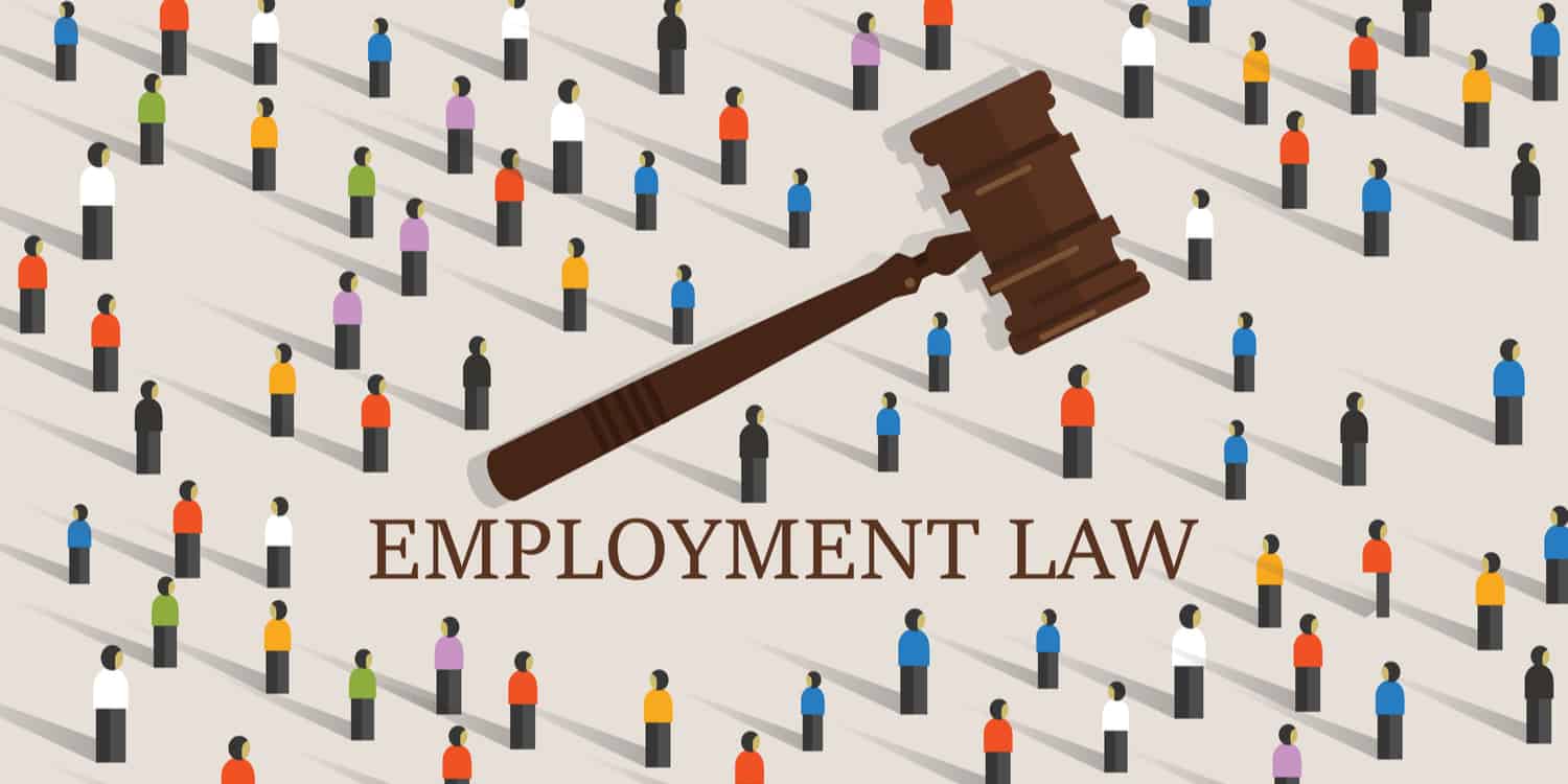 Illustration of a gavel and a crowd of people with a headline of EMPLOYMENT LAW.