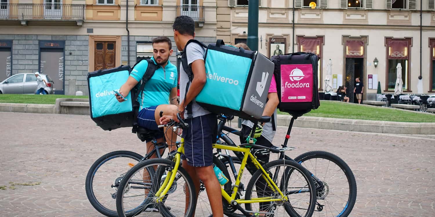 Bicycle riders of home delivery food at work.