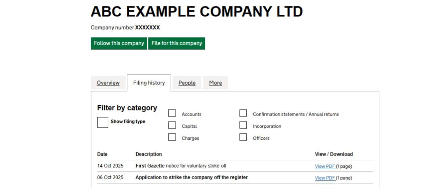 A screenshot from the UK Companies House register for "ABC Example Company Ltd" showing filing history, including an application to strike the company off the register on 6 Oct 2025 and a First Gazette notice for voluntary strike-off on 14 Oct 2025, with options to view or download PDF documents