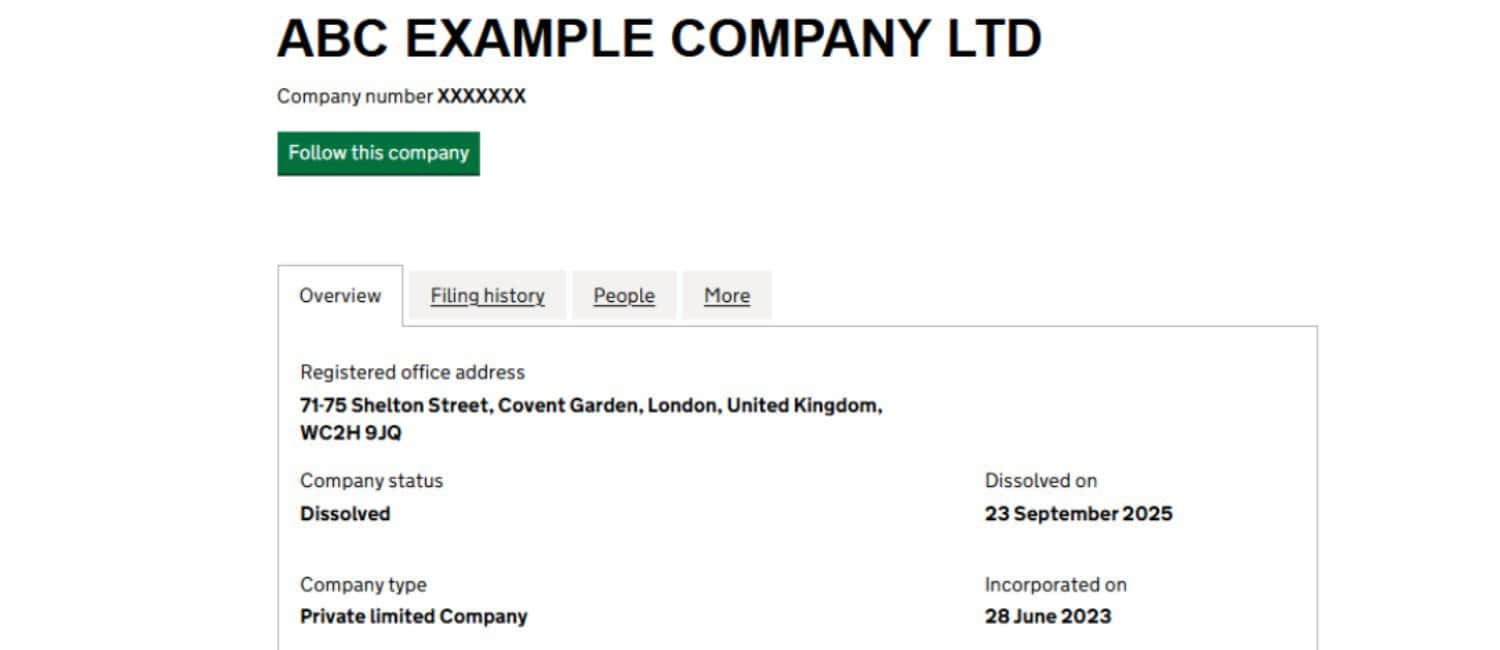 Companies House record for ABC Example Company Ltd showing registered office address at 71-75 Shelton Street, Covent Garden, London, United Kingdom. The company is a private limited company incorporated on 28 June 2023 and dissolved on 23 September 2025. Status is listed as "Dissolved."