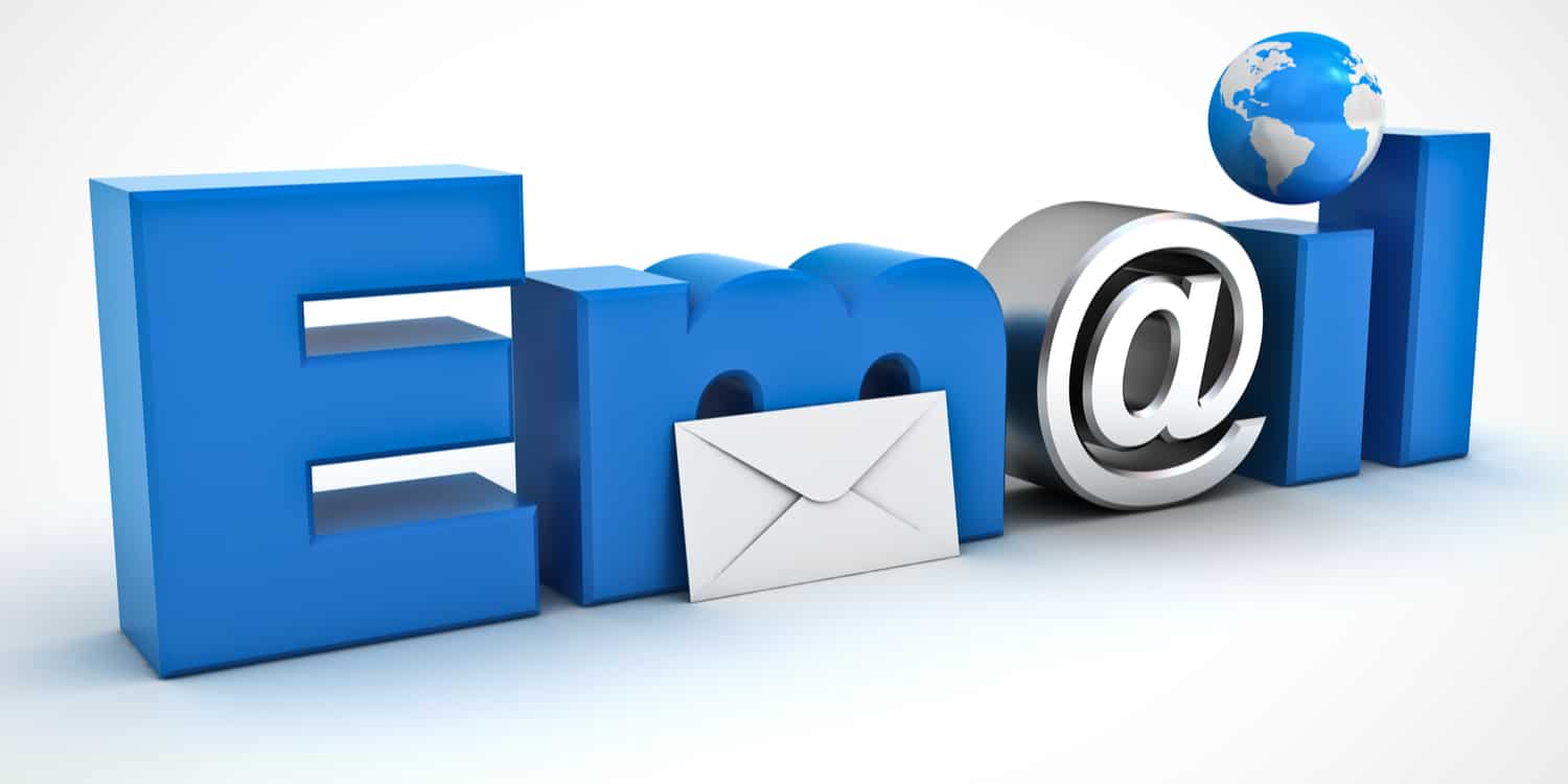 The word email with envelope, world globe and metal at sign on white background.