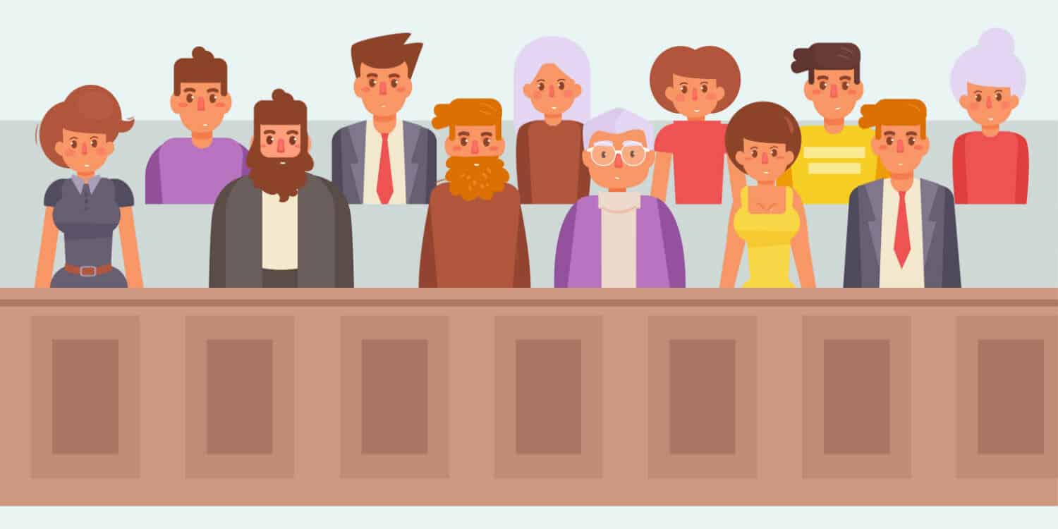 Vector image of a jury in court, illustrating the concept of jury service.
