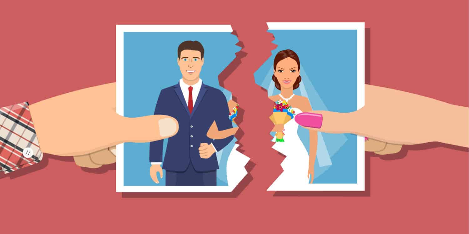 Illustration of a wedding photo being broken in half as it is pulled in opposite directions by a male and female hand. Divorce concept.