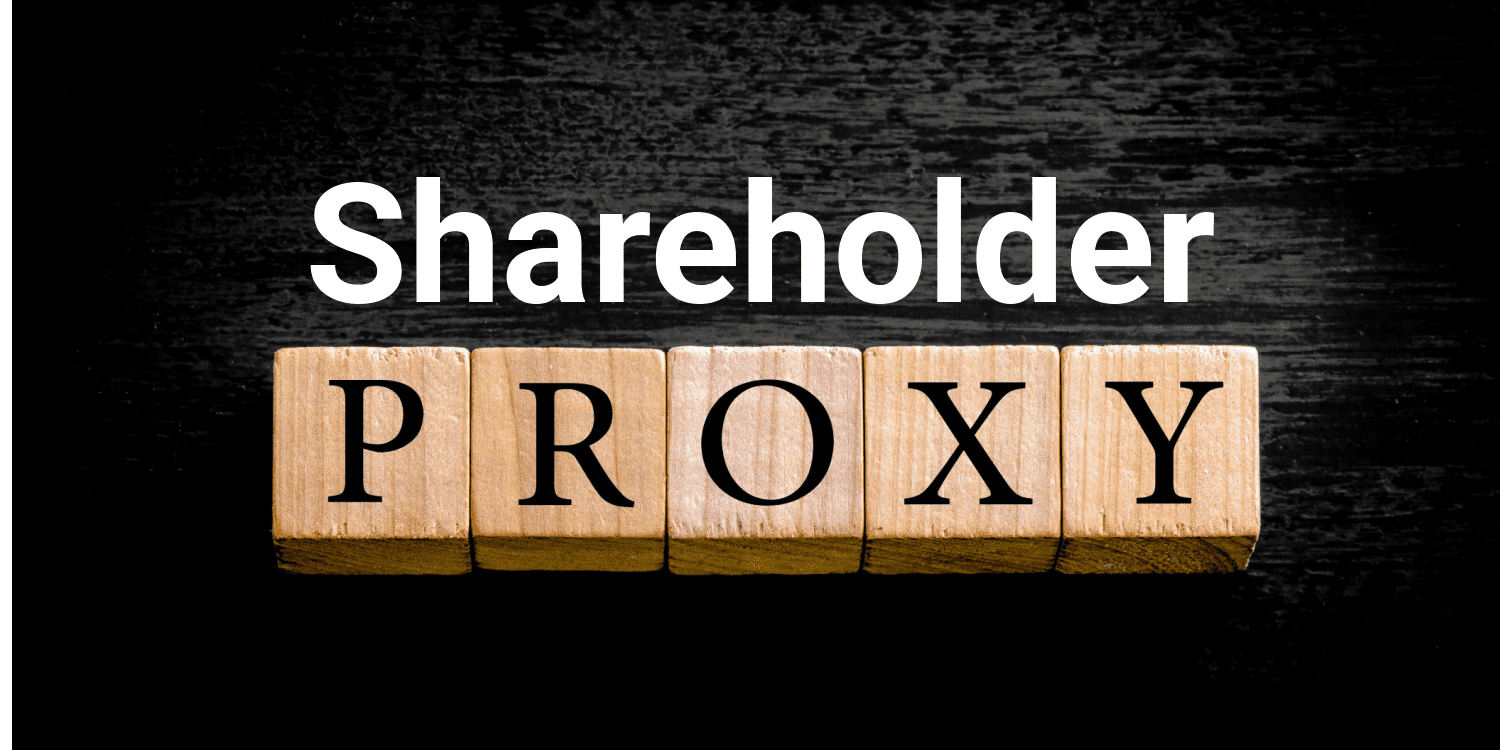 Headline in white text of 'Shareholder' above wooden blocks withthe word 'PROXY' on a black background. Concept of shareholder proxy.