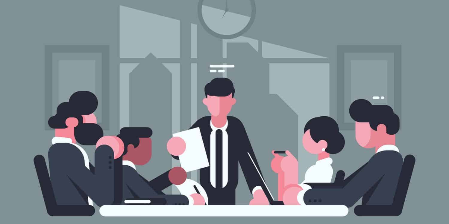 Vector illustration of a meeting of shareholders of a company in an office.