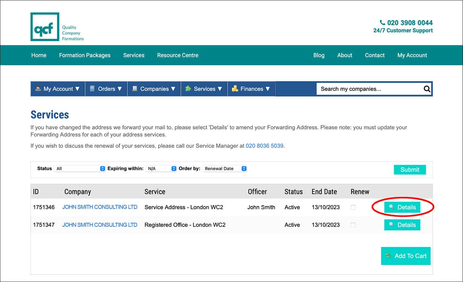 Screenshot of the QCF Client Portal 'Services' page