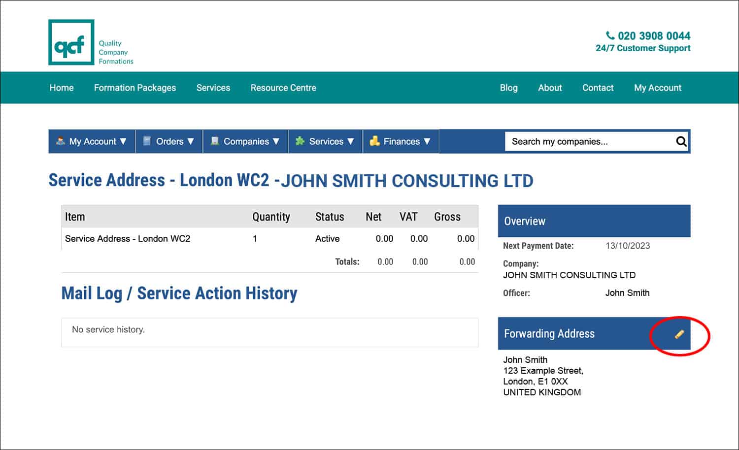 Screenshot of the QCF Client Portal 'Forwarding Address' feature