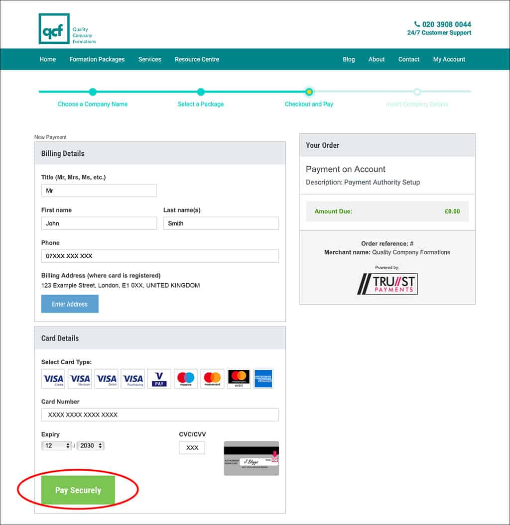 Screenshot of QCF card payment page
