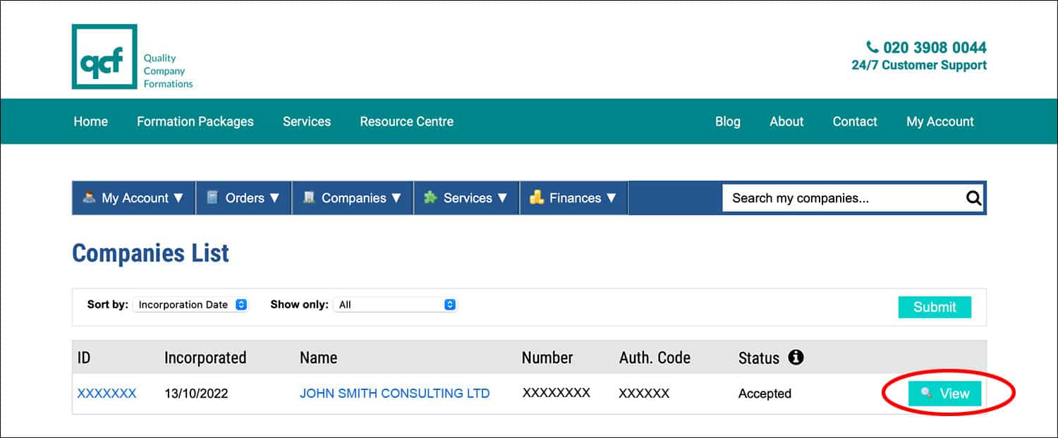 Screenshot of the QCF Client Portal 'My Companies' page