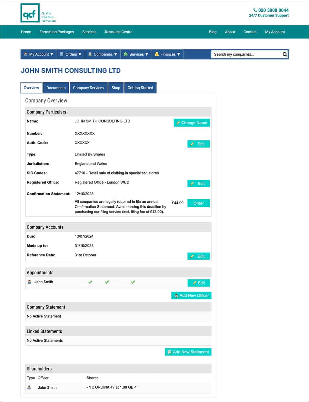 Screenshot of the QCF Client Portal 'Overview' page