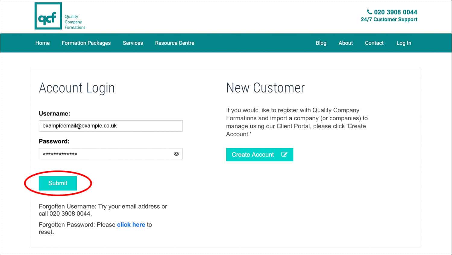 Screenshot of the QCF 'Account Login' page