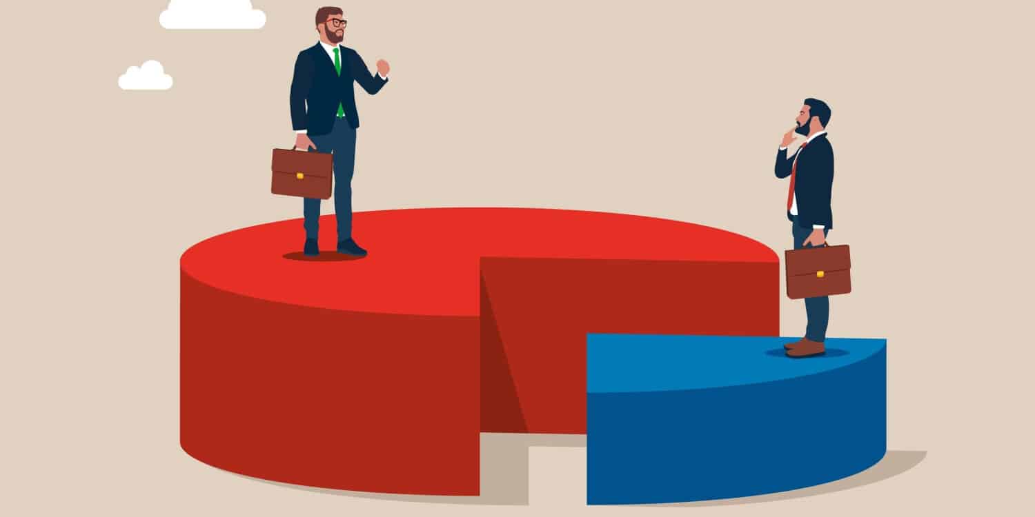 Illustration of 2 shareholders in suits with briefcase standing on pie chart. One is a majority shareholder and the other a minority.