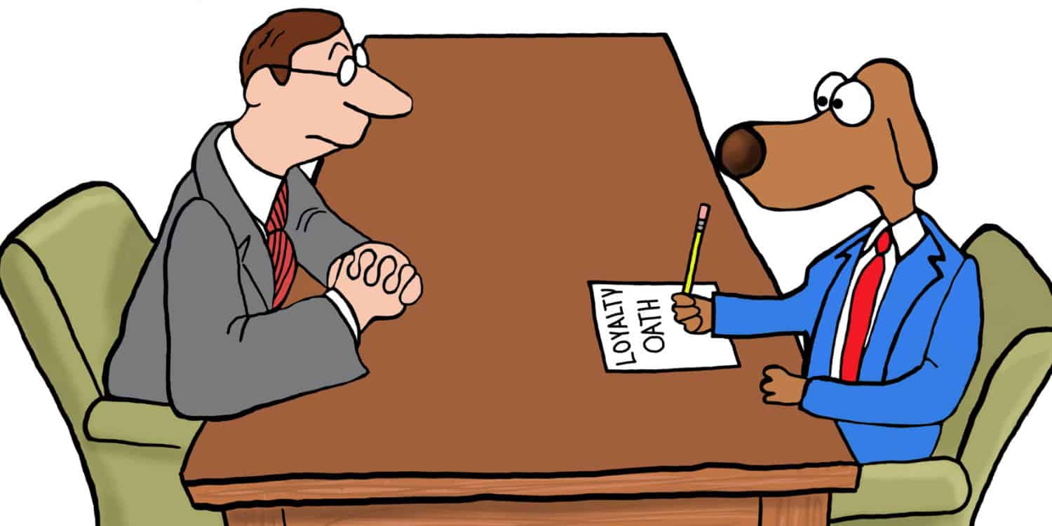 An illustration of a new hire signing a loyalty oath at a table with the employer, demonstrating the concept of the non-compete clause in a contract.