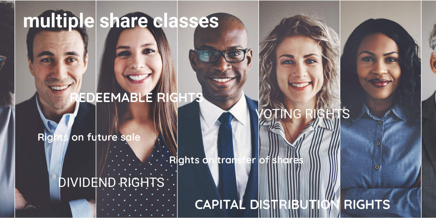 Portraits of 5 shareholders with a heading of 'multiple share classes' and other sub-headings on the shareholder rights in white font colour.