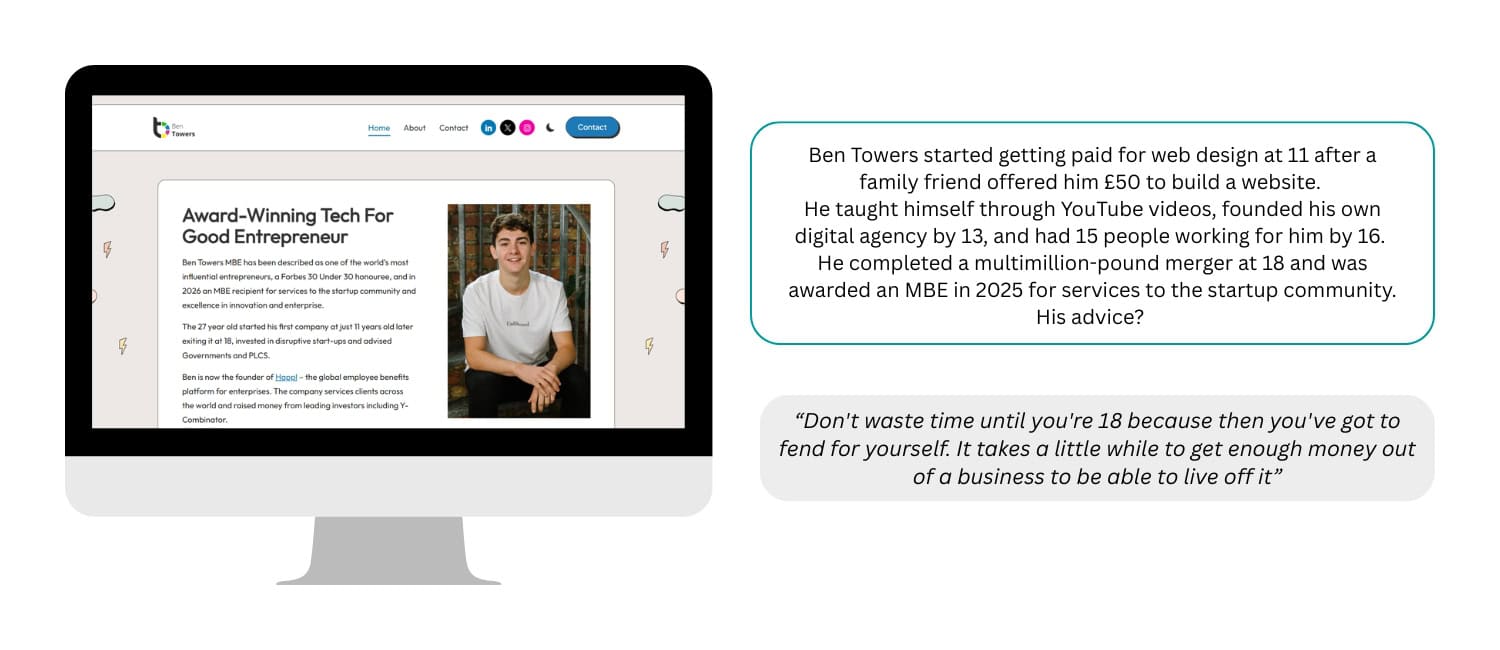 Computer monitor displaying a profile of entrepreneur Ben Towers, highlighting his achievements and career beginnings. A quote at the bottom offers business advice, emphasising the importance of financial readiness before starting a venture.