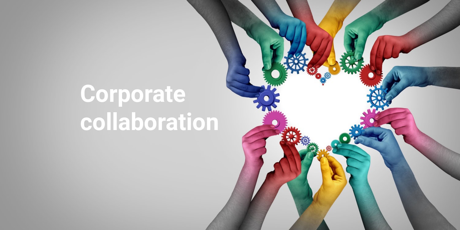 Corporate ciitizenship concept illustration of a diverse group of employees collaborating as a team to benefit the internal organisation and wider community.