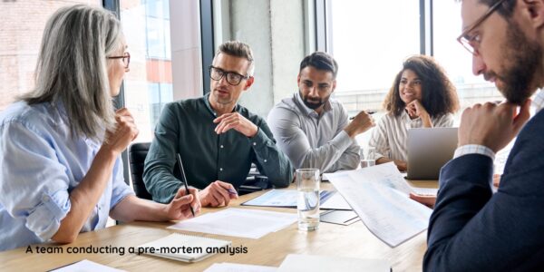 A team collaborates around a table, reviewing documents and engaging in discussion during a pre-mortem analysis session.