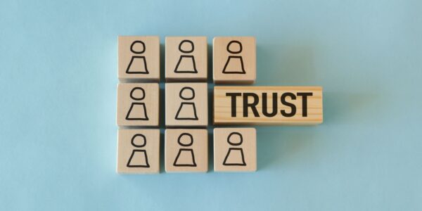 Wooden blocks with human icons form a grid next to a block labelled "TRUST," symbolising the importance of testimonials and trust signals in building credibility and customer confidence