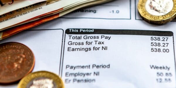 A close-up image of a UK payslip showing total gross pay, gross for tax, and earnings for National Insurance, with cash and coins placed on top, symbolising income and wages