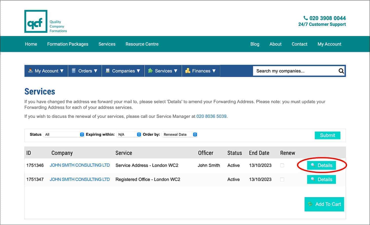 Screenshot of the QCF Client Portal 'Services' page