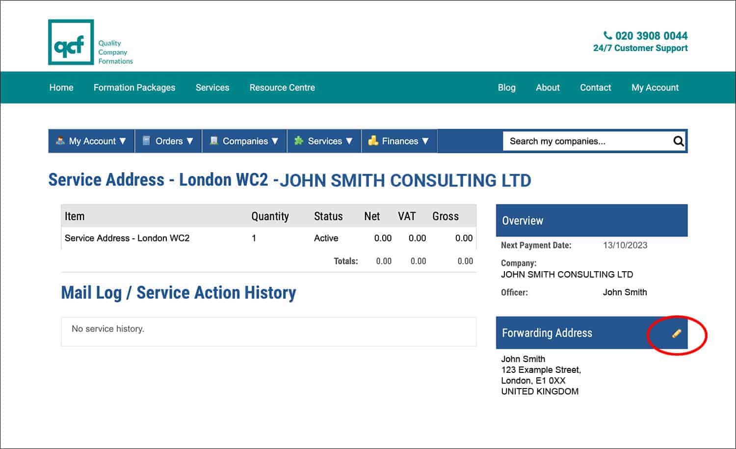 Screenshot of the QCF Client Portal 'Forwarding Address' feature