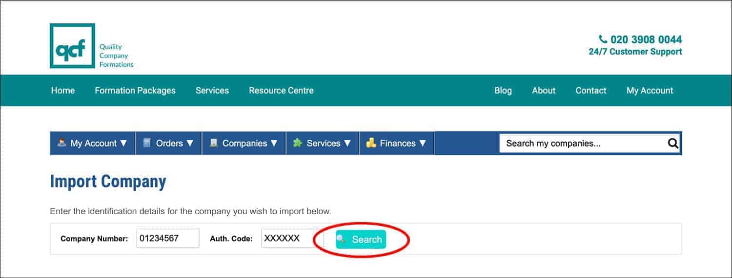 Screenshot of the QCF Client Portal 'Import Company' page
