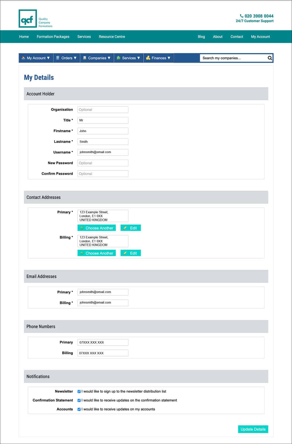Screenshot of the QCF Client Portal 'My Details' page