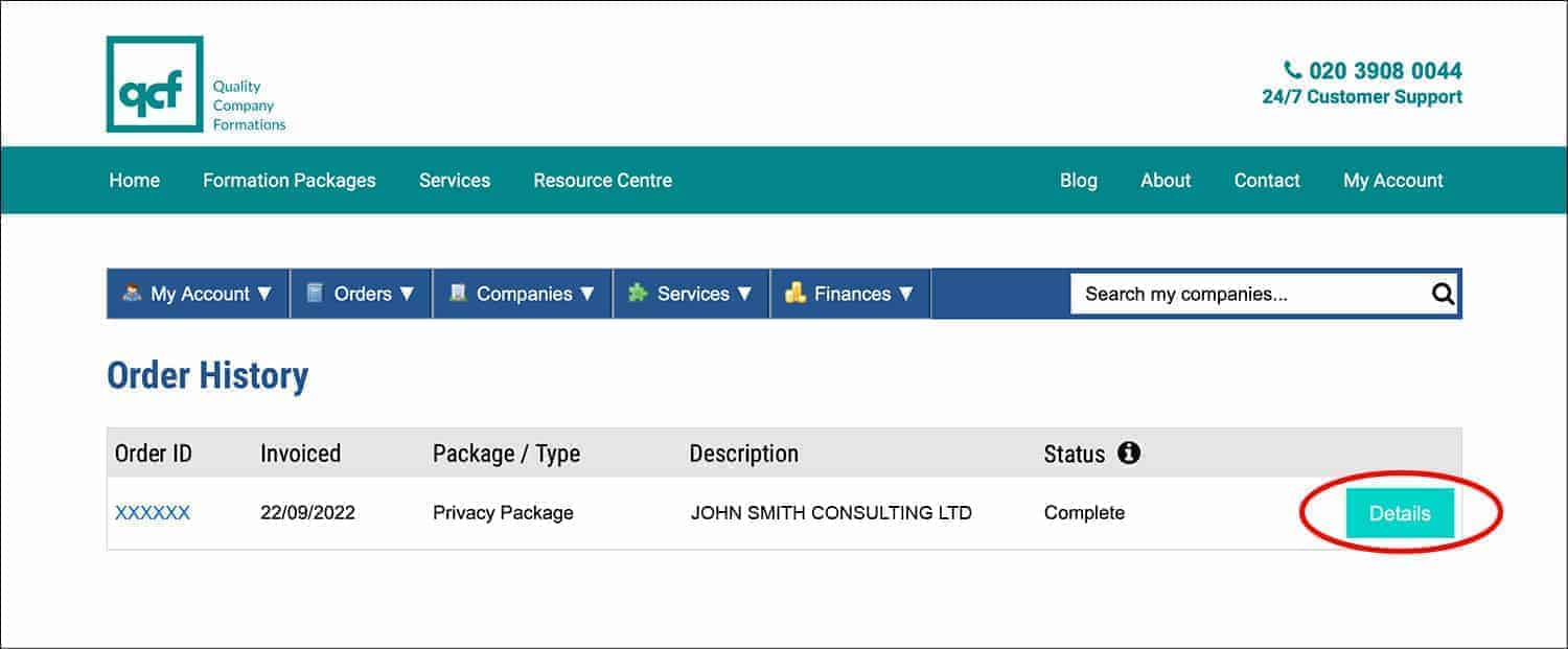 Screenshot of the QCF Client Portal 'Order History' page