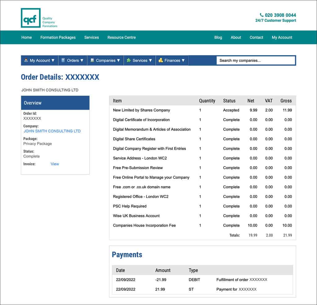 Screenshot of the QCF Client Portal 'Order Details' page